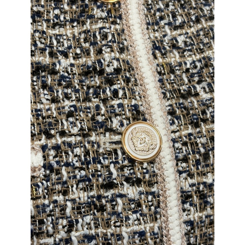 Elie Tahari Tweed Jacket Braided Trim Gold Crest Buttons Blazer L - Picture 15 of 15